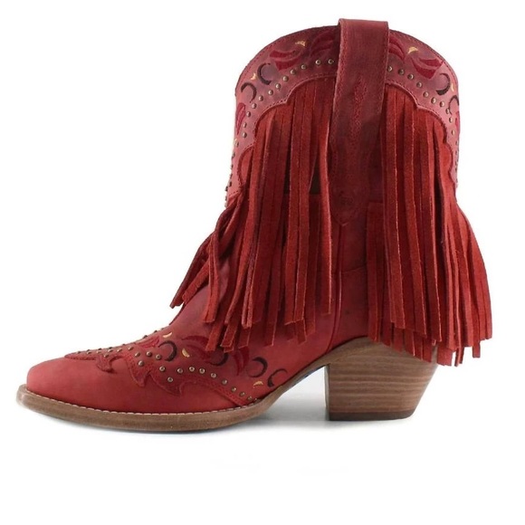 Red Suede Fringe Ankle Boots - Picture 3 of 9